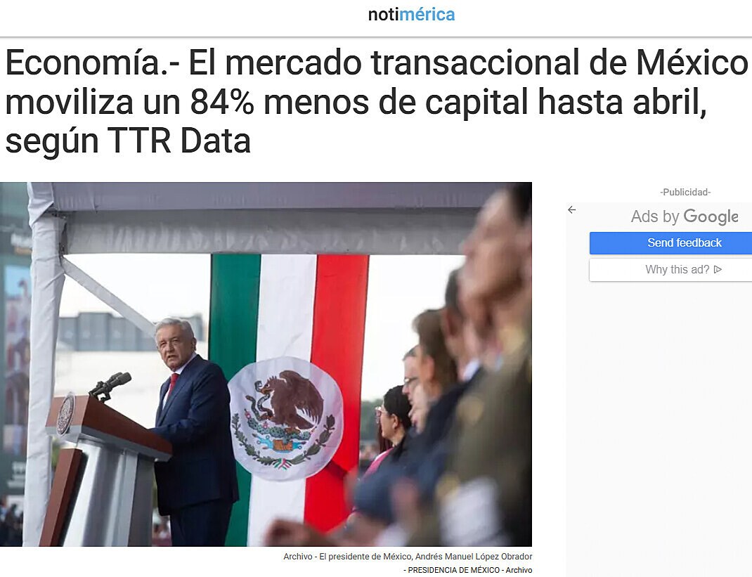 Economa.- El mercado transaccional de Mxico moviliza un 84% menos de capital hasta abril, segn TTR Data
